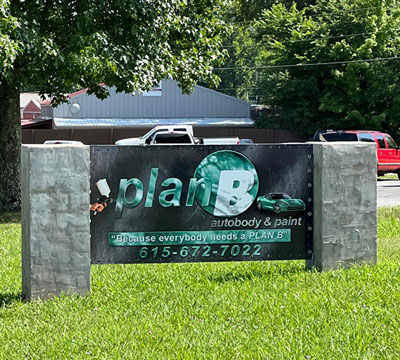 Plan B Autobody shop sign